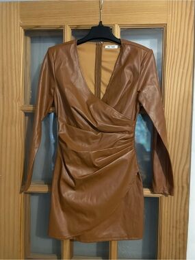 Vegan Leather Wrap Mini Dress in Cognac by